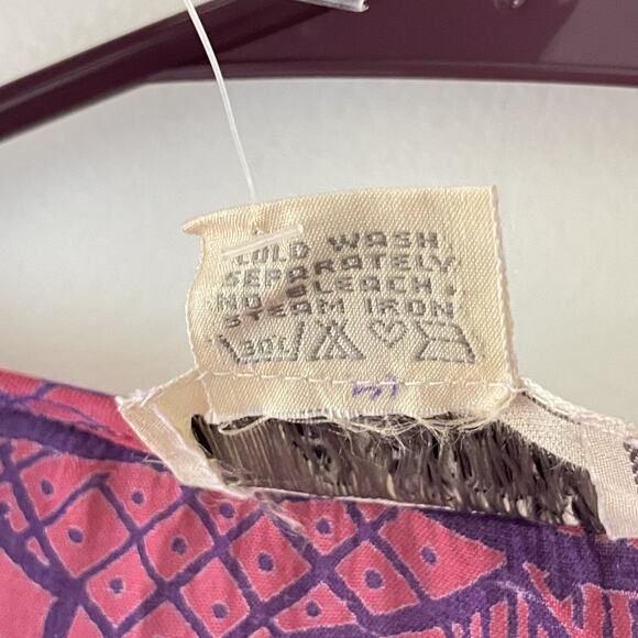 Vintage 70s Ruffle Collar Boho Prairie Dress Purple Batik Print Sheer Hippie - Picture 6 of 11